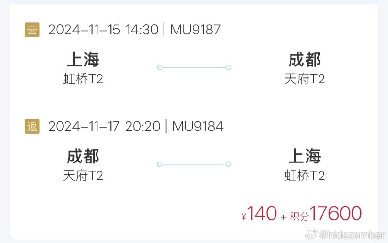 东航积分周五折扣惊人啊，上海往返成都只要17600，都快赶上往返青岛了…上周看单程还要16000via Weibo